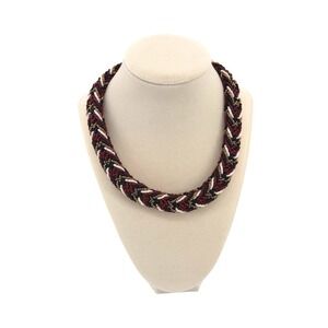 Handmade Braided Seed Bead Chevron Necklace Burgundy Black Gold Magnetic Clasp